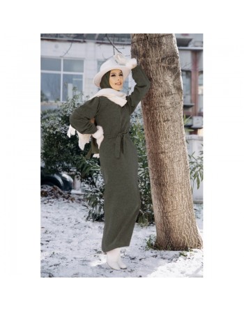 Robe tissu polaire avec ceinture (Vêtement Hijab Saison Automne-Hiver) - Couleur kaki 