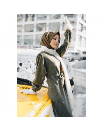 Robe tissu polaire avec ceinture (Vêtement Hijab Saison Automne-Hiver) - Couleur kaki 
