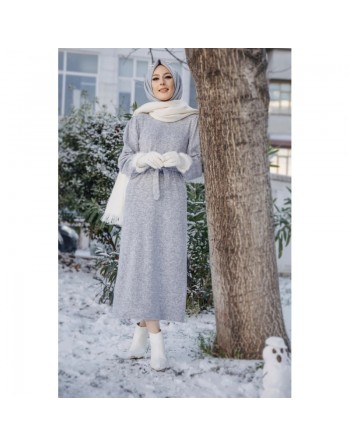 Robe tissu polaire avec ceinture (Tenue Hijab Saison Automne-Hiver) - Couleur gris 