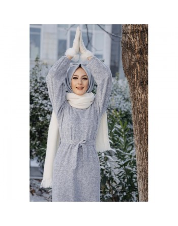 Robe tissu polaire avec ceinture (Tenue Hijab Saison Automne-Hiver) - Couleur gris 