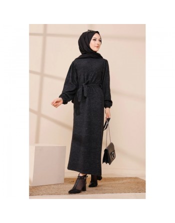 Robe tissu polaire avec ceinture (Vêtement Hijab Saison Automne-Hiver) - Couleur noir 