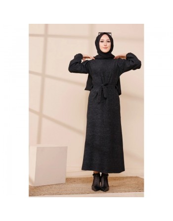 Robe tissu polaire avec ceinture (Vêtement Hijab Saison Automne-Hiver) - Couleur noir 