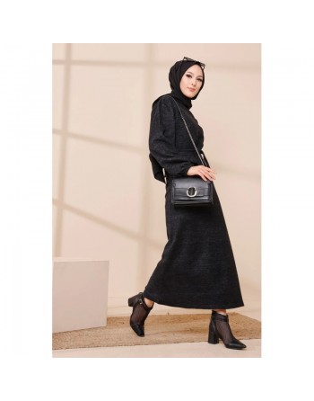 Robe tissu polaire avec ceinture (Vêtement Hijab Saison Automne-Hiver) - Couleur noir 