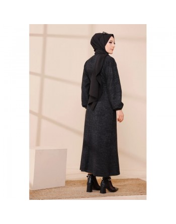 Robe tissu polaire avec ceinture (Vêtement Hijab Saison Automne-Hiver) - Couleur noir 