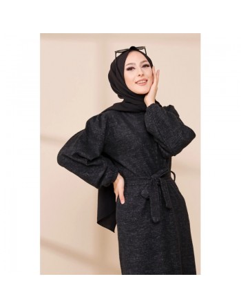 Robe tissu polaire avec ceinture (Vêtement Hijab Saison Automne-Hiver) - Couleur noir 