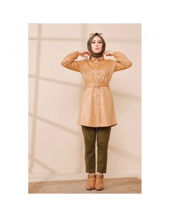 Tunique brillante avec ceinture (Vêtement style chic pour femme voilée) - Couleur beige 
