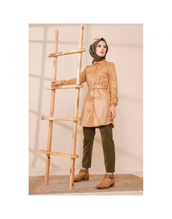 Tunique brillante avec ceinture (Vêtement style chic pour femme voilée) - Couleur beige 