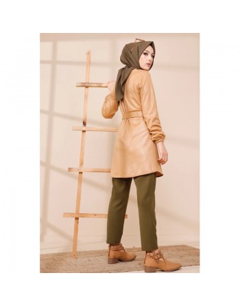 Tunique brillante avec ceinture (Vêtement style chic pour femme voilée) - Couleur beige 