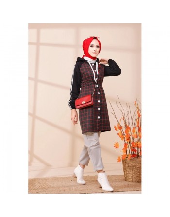 Tunique avec capuche pour femme (Vêtement moderne pour Hijab) - Couleur anthracite et rouge 