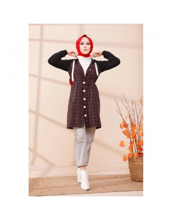 Tunique avec capuche pour femme (Vêtement moderne pour Hijab) - Couleur anthracite et rouge 