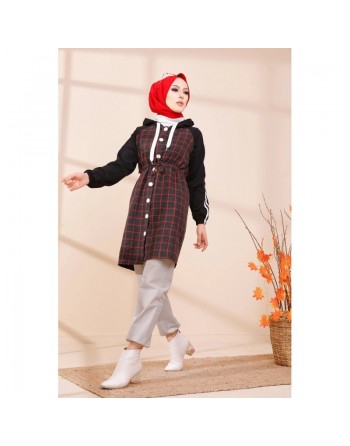 Tunique avec capuche pour femme (Vêtement moderne pour Hijab) - Couleur anthracite et rouge 