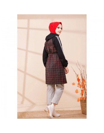 Tunique avec capuche pour femme (Vêtement moderne pour Hijab) - Couleur anthracite et rouge 