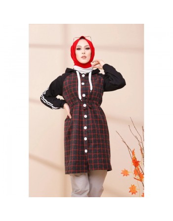 Tunique avec capuche pour femme (Vêtement moderne pour Hijab) - Couleur anthracite et rouge 