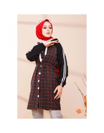 Tunique avec capuche pour femme (Vêtement moderne pour Hijab) - Couleur anthracite et rouge 