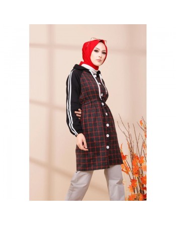 Tunique avec capuche pour femme (Vêtement moderne pour Hijab) - Couleur anthracite et rouge 
