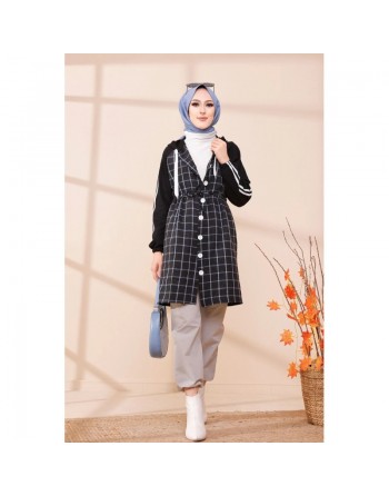 Tunique avec capuche pour femme (Tenue hijab moderne) - Couleur anthracite et bleu 