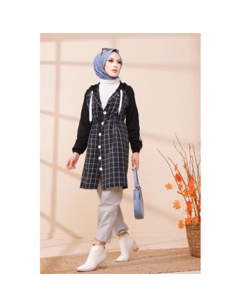 Tunique avec capuche pour femme (Tenue hijab moderne) - Couleur anthracite et bleu 