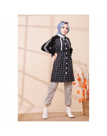 Tunique avec capuche pour femme (Tenue hijab moderne) - Couleur anthracite et bleu 
