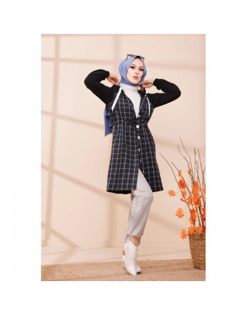 Tunique avec capuche pour femme (Tenue hijab moderne) - Couleur anthracite et bleu 