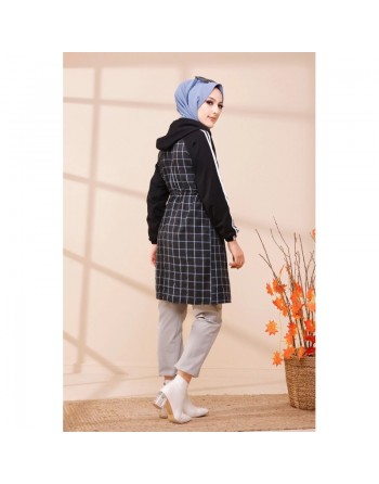 Tunique avec capuche pour femme (Tenue hijab moderne) - Couleur anthracite et bleu 