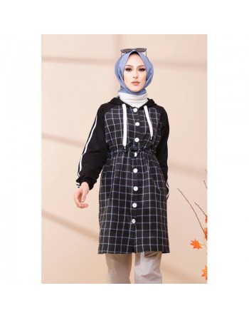 Tunique avec capuche pour femme (Tenue hijab moderne) - Couleur anthracite et bleu 