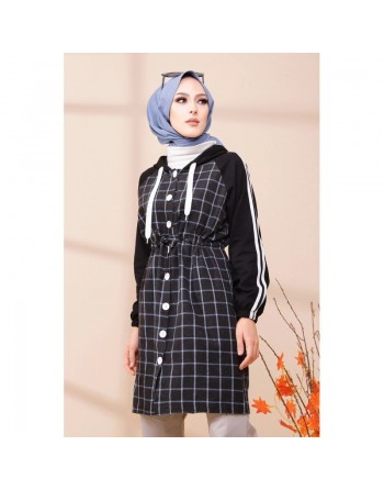 Tunique avec capuche pour femme (Tenue hijab moderne) - Couleur anthracite et bleu 