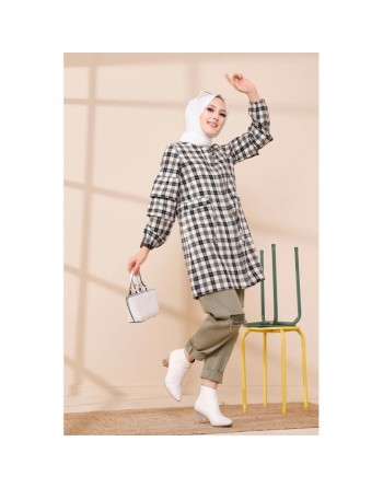 Veste-Tunique à carreaux (Tenue Hijab Hiver) - Couleur blanc et kaki 