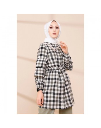 Veste-Tunique à carreaux (Tenue Hijab Hiver) - Couleur blanc et kaki 