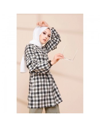 Veste-Tunique à carreaux (Tenue Hijab Hiver) - Couleur blanc et kaki 