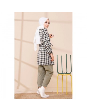 Veste-Tunique à carreaux (Tenue Hijab Hiver) - Couleur blanc et kaki 