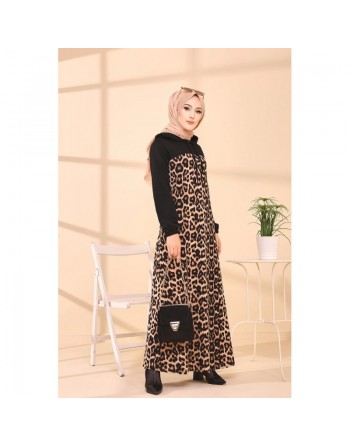 Robe avec capuche motif léopard - Couleur noir 