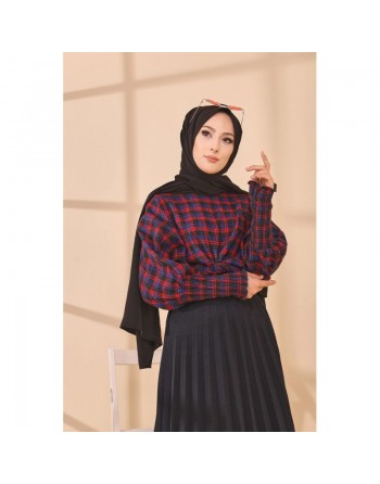Chemisier à carreaux (Tenue Hijab style habillé) - Couleur bleu et rouge 