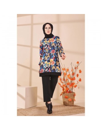 Veste Tunique avec motifs fleurs pour femme - Couleur noir 