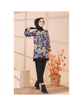 Veste Tunique avec motifs fleurs pour femme - Couleur noir 