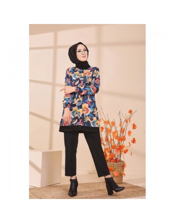 Veste Tunique avec motifs fleurs pour femme - Couleur noir 
