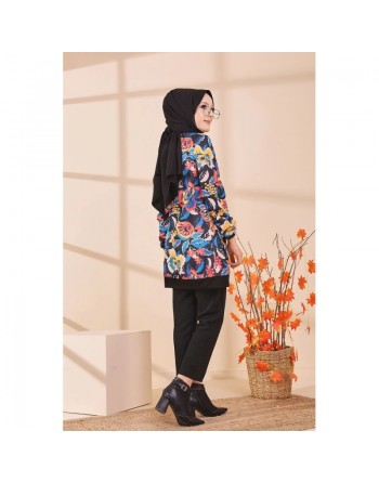 Veste Tunique avec motifs fleurs pour femme - Couleur noir 
