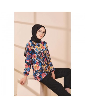 Veste Tunique avec motifs fleurs pour femme - Couleur noir 