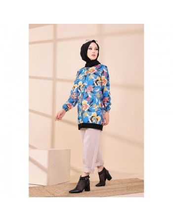Veste Tunique avec motifs fleurs pour femme - Couleur bleu 