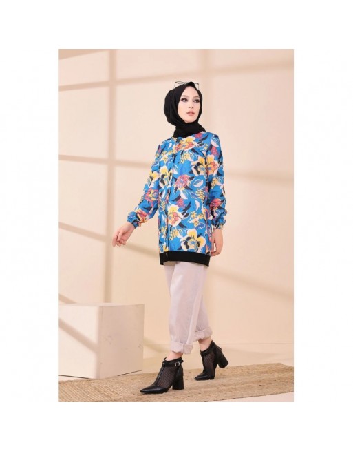 Veste Tunique avec motifs fleurs pour femme - Couleur bleu Veste Tunique avec motifs fleurs pour femme - Couleur bleu