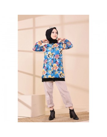 Veste Tunique avec motifs fleurs pour femme - Couleur bleu 