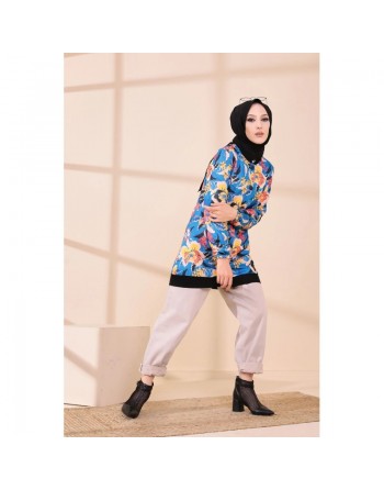 Veste Tunique avec motifs fleurs pour femme - Couleur bleu 