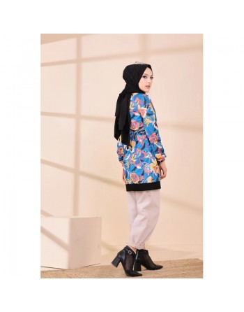 Veste Tunique avec motifs fleurs pour femme - Couleur bleu 