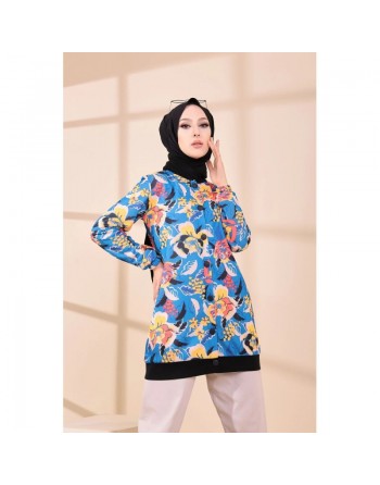 Veste Tunique avec motifs fleurs pour femme - Couleur bleu 