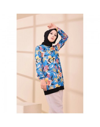 Veste Tunique avec motifs fleurs pour femme - Couleur bleu 