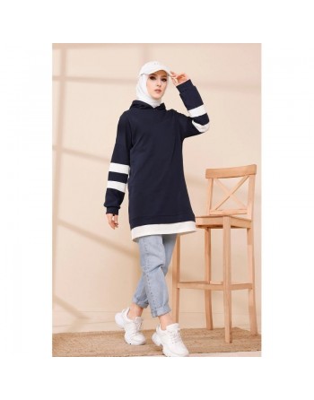 Tunique décontractée avec capuche (Sweat long pour femme voilée) - Couleur bleu nuit avec bandes blanches 