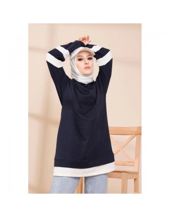 Tunique décontractée avec capuche (Sweat long pour femme voilée) - Couleur bleu nuit avec bandes blanches 
