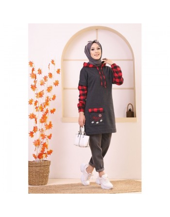 Tunique bicolore brodée avec capuche (Vêtement moderne pour femme Hijab - Nouveauté ) - Couleur anthracite et rouge 