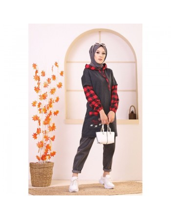 Tunique bicolore brodée avec capuche (Vêtement moderne pour femme Hijab - Nouveauté ) - Couleur anthracite et rouge 