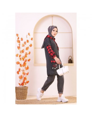 Tunique bicolore brodée avec capuche (Vêtement moderne pour femme Hijab - Nouveauté ) - Couleur anthracite et rouge 