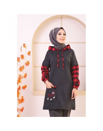 Tunique bicolore brodée avec capuche (Vêtement moderne pour femme Hijab - Nouveauté ) - Couleur anthracite et rouge 